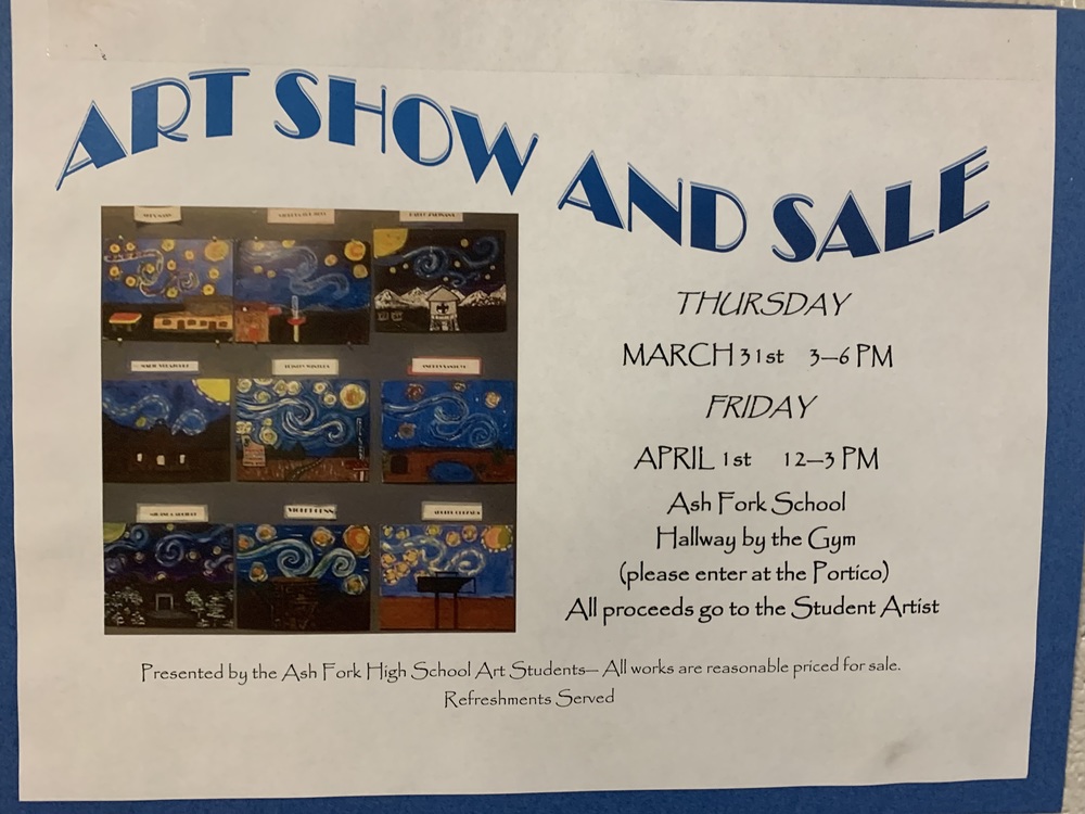 Art show and sale, March 31- 3-6 PM &  April 1- 12-3 PM