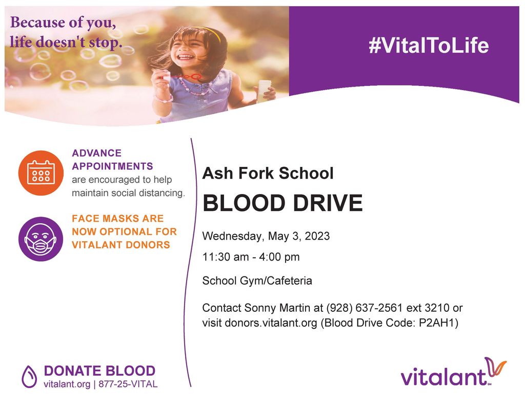 Ash Fork High School Student Council Blood Drive:  Our goal is 50+ donors.  Please help us reach this goal by scheduling an appointment today.